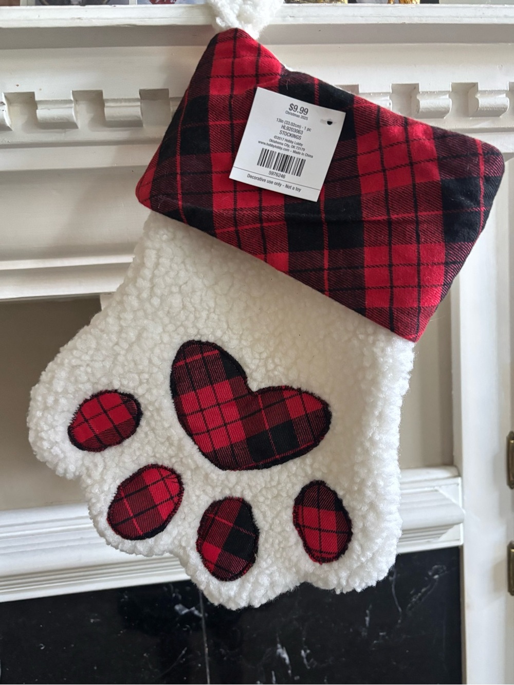 NWT Plaid Cat/Dog Heart Paw-Shaped Christmas Stocking 13”